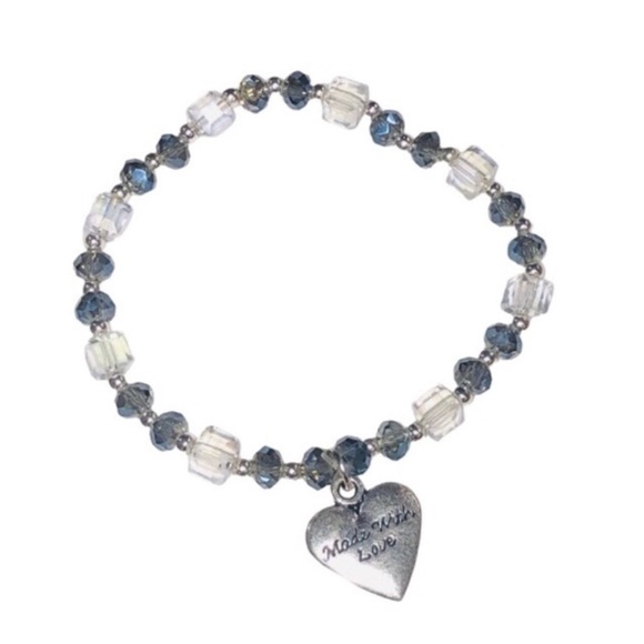 None Jewelry - UNBRANDED Faceted CRYSTAL GLASS Stretch Bracelet With SILVER Heart Charm